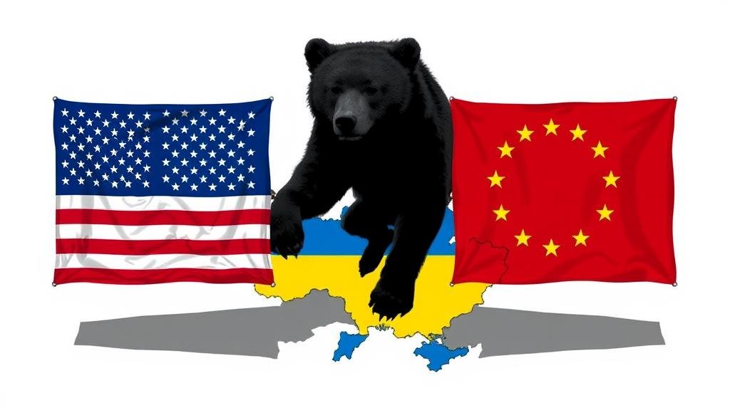 The U.S. and E.U. flags pulling away from each other, with the shadow of a bear falling over a map of Ukraine, representing the strain on alliances and the threat to global stability.