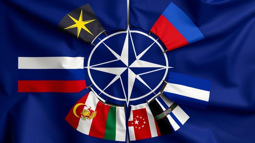 An image depicting the NATO flag or a circle of Western flags starting to crack or break apart, symbolizing the potential disunity and fracturing of the Western alliance caused by a backroom deal.