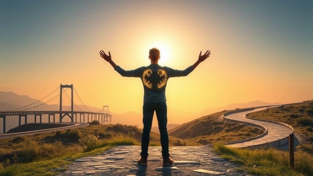 A person stands at a crossroads, using digital tools to build a new path that combines stability and flexibility, leading to a bright horizon.