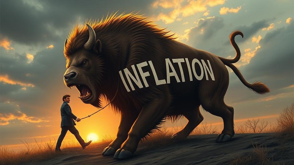 A defeated beast labeled 'INFLATION' being led away by a figure representing the Federal Reserve.