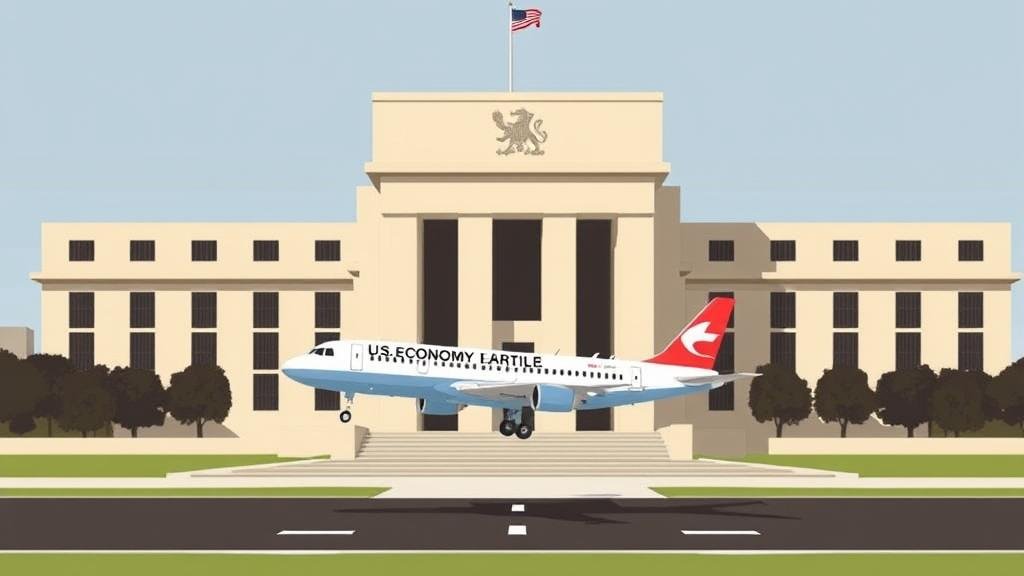 A metaphorical image of the Federal Reserve building acting as an air traffic control tower. A stylized airplane labeled 'U.S. Economy' is being gently guided down for a perfect, smooth 'soft landing' on a runway, representing the Fed's successful economic management.