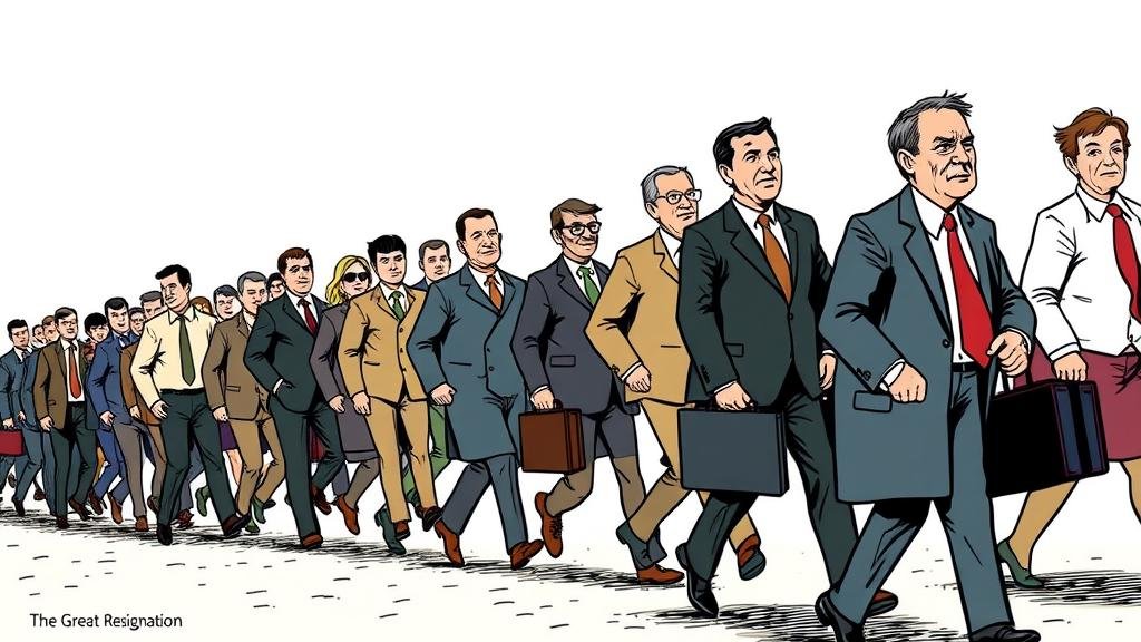 A dramatic, slightly humorous illustration showing a long line of workers, initially marching confidently away from their jobs ('The Great Resignation'), but the line tapers off with the last few people looking nervous and clutching their briefcases, symbolizing the falling 'quits rate' and decreased worker confidence.