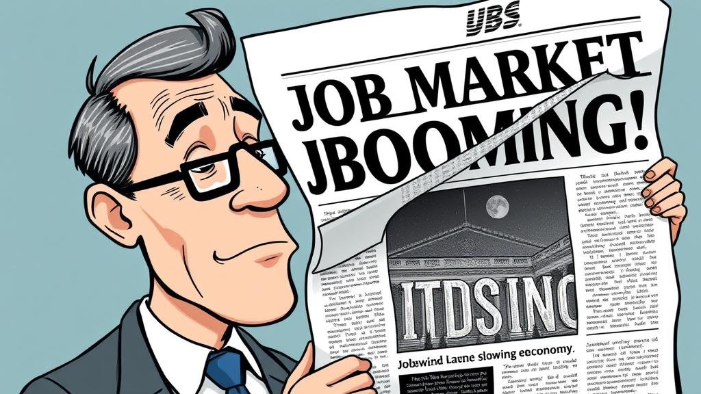 A stylized illustration of an economist squinting at a bold, optimistic newspaper headline that reads 'JOB MARKET BOOMING!', while peeling back the corner of the newspaper to reveal a more complex and nuanced scene of a slowing economy underneath.