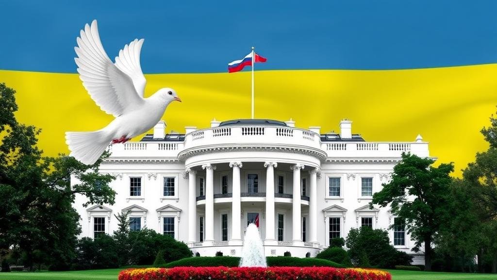 The White House with a peace dove, symbolizing the US push for a diplomatic solution in the Russia-Ukraine war.