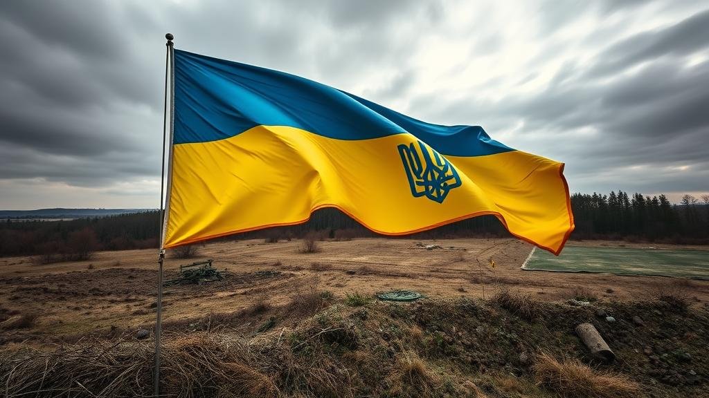 The Ukrainian flag waving defiantly over a battlefield, representing their unwillingness to surrender land in a ceasefire agreement.