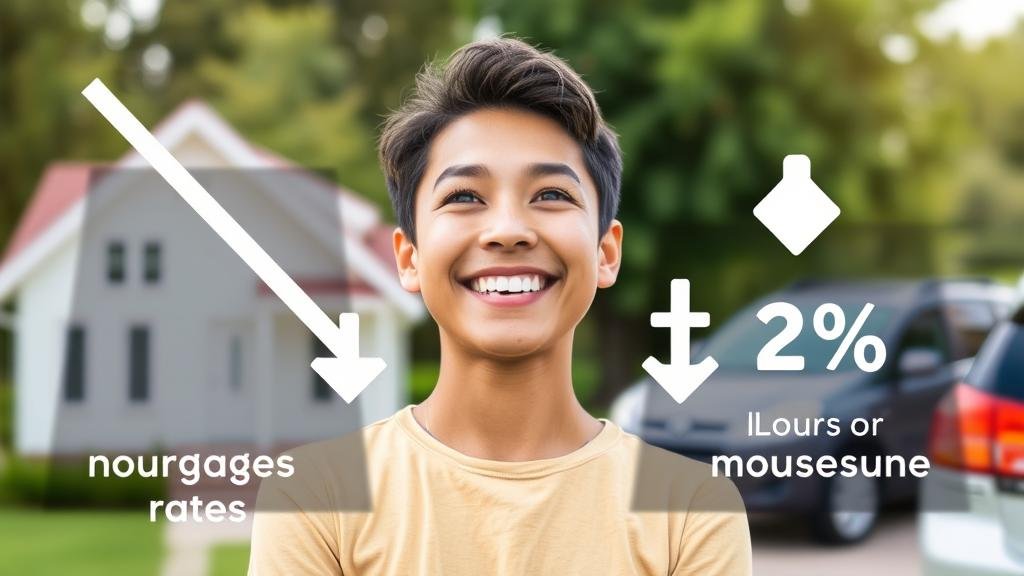 A cheerful person looking at a house and a car, with overlayed graphics of downward-pointing arrows and percentage signs, representing lower interest rates on mortgages and car loans.