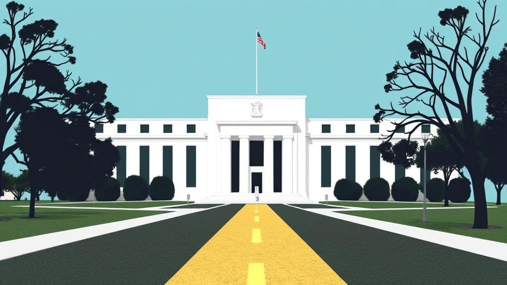 A stylized image of the Federal Reserve building with a slightly bumpy road leading up to it, symbolizing a minor obstacle (the JOLTS report) on the path to a policy change.