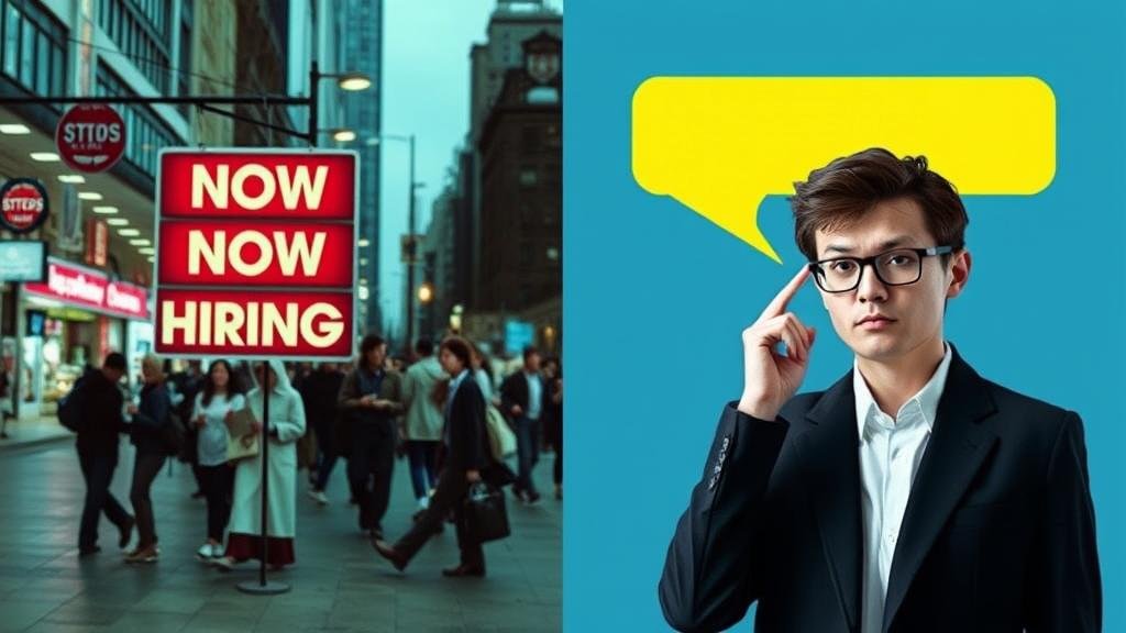 A split image showing a bustling 'Now Hiring' sign on one side, and on the other, a person cautiously deciding to stay in their current job, representing the slowdown in the 'Great Resignation' and labor market churn.