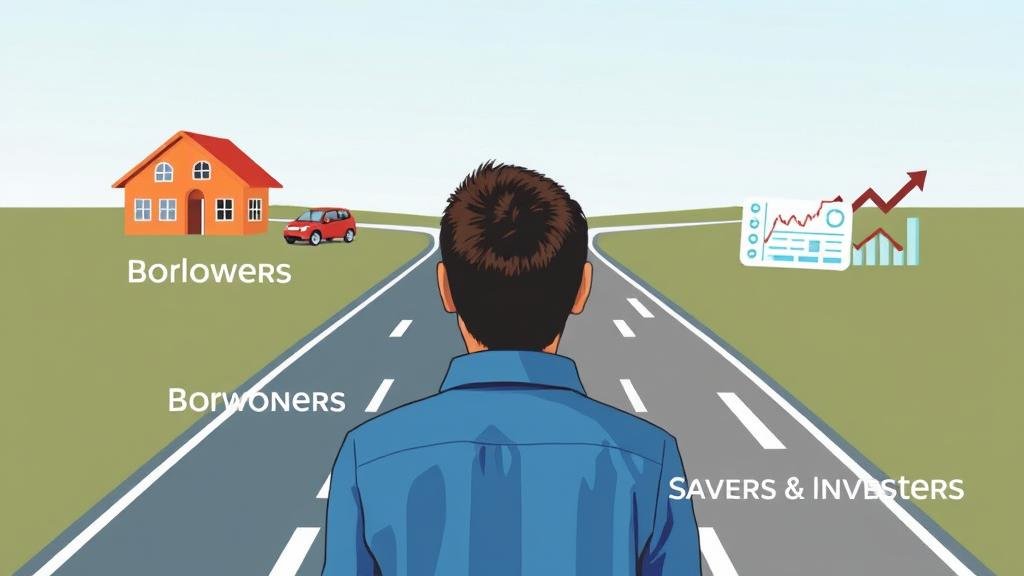 A person looking at a fork in the road. One path leads to lower-cost items like a house and a car, labeled 'Borrowers.' The other path shows a mixed scene with a savings account with a down arrow and a stock market chart with an up arrow, labeled 'Savers & Investors.'