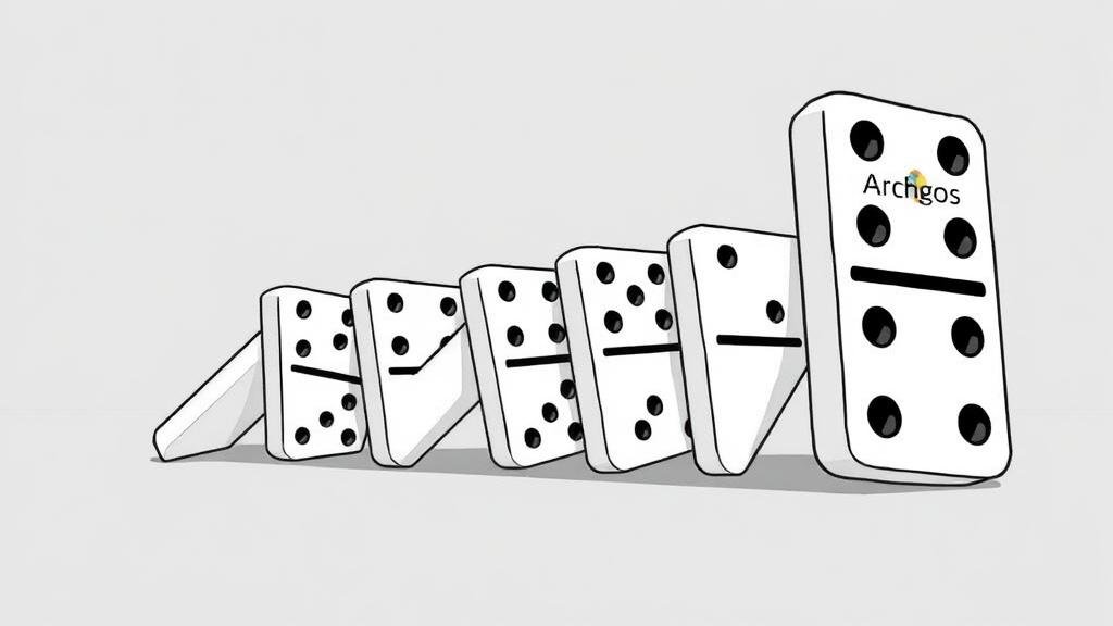 An illustration of a line of dominoes falling, with the first domino labeled 'Archegos'.