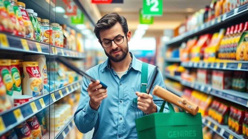 A savvy shopper in a grocery store comparing generic and brand-name products.