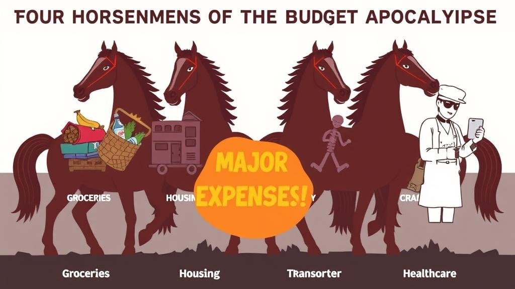 A visual representation of the 'Four Horsemen of the Budget Apocalypse,' with each horseman icon representing a major expense: a grocery cart, a house, a car, and a health symbol, showing the overwhelming financial pressures on a household.