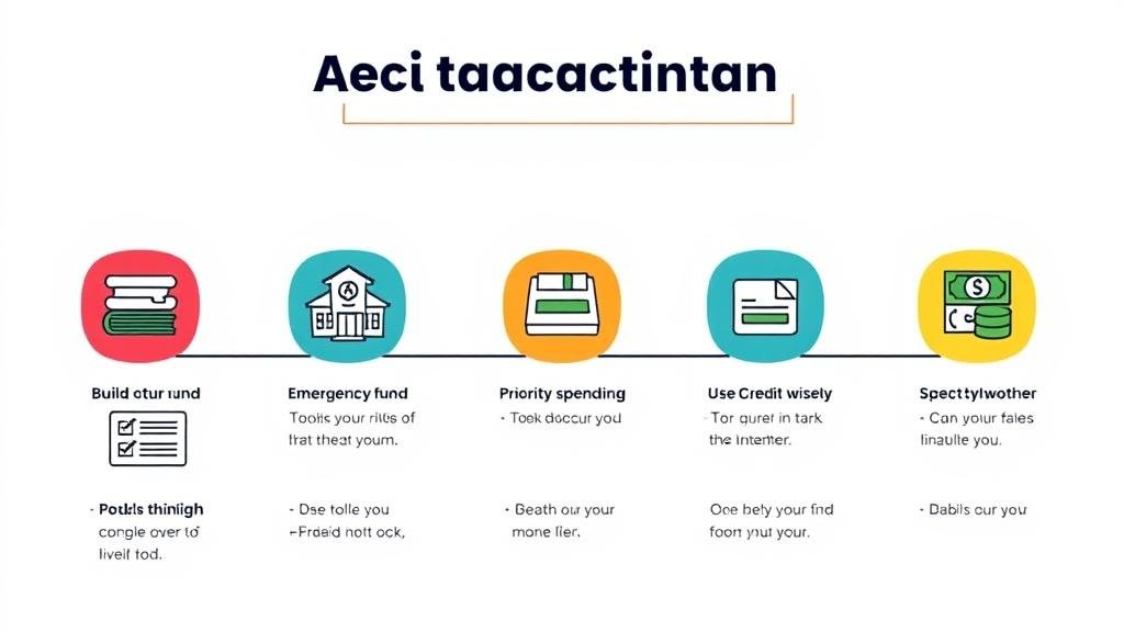 A clear and practical action plan illustrated as a checklist on a notepad, with icons representing key financial steps like a piggy bank for an emergency fund, a pie chart for prioritizing spending, and a credit card with a checkmark for wise usage.