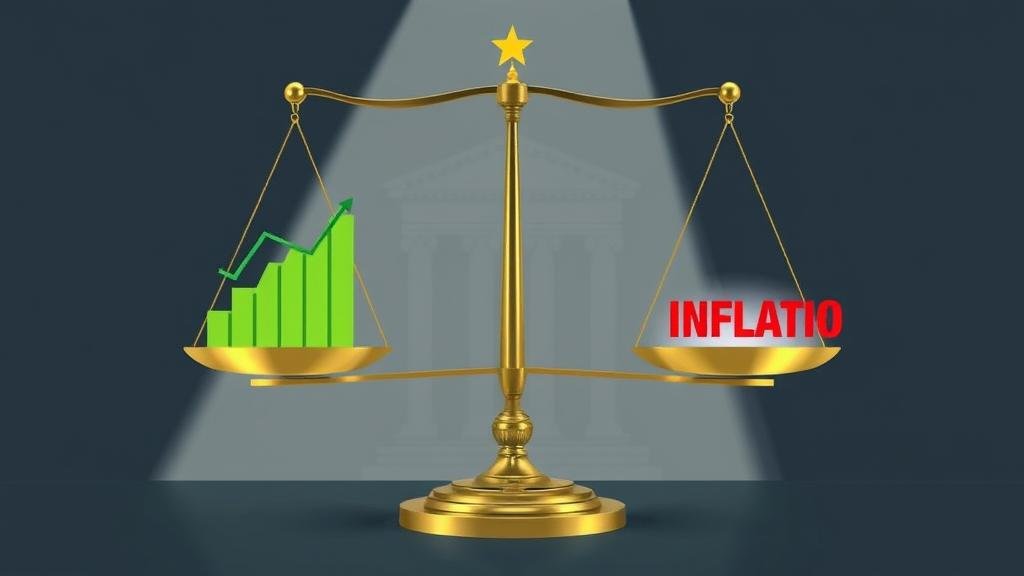 A visual representation of the stakes, with a balancing scale weighing economic growth against the risk of inflation, under the shadow of the Federal Reserve.
