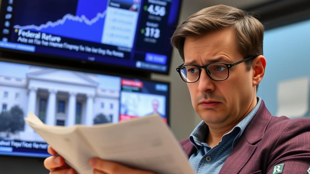 An image of a person reviewing their personal finances, with a concerned expression, as news headlines about the Federal Reserve and interest rates are visible on a screen in the background.
