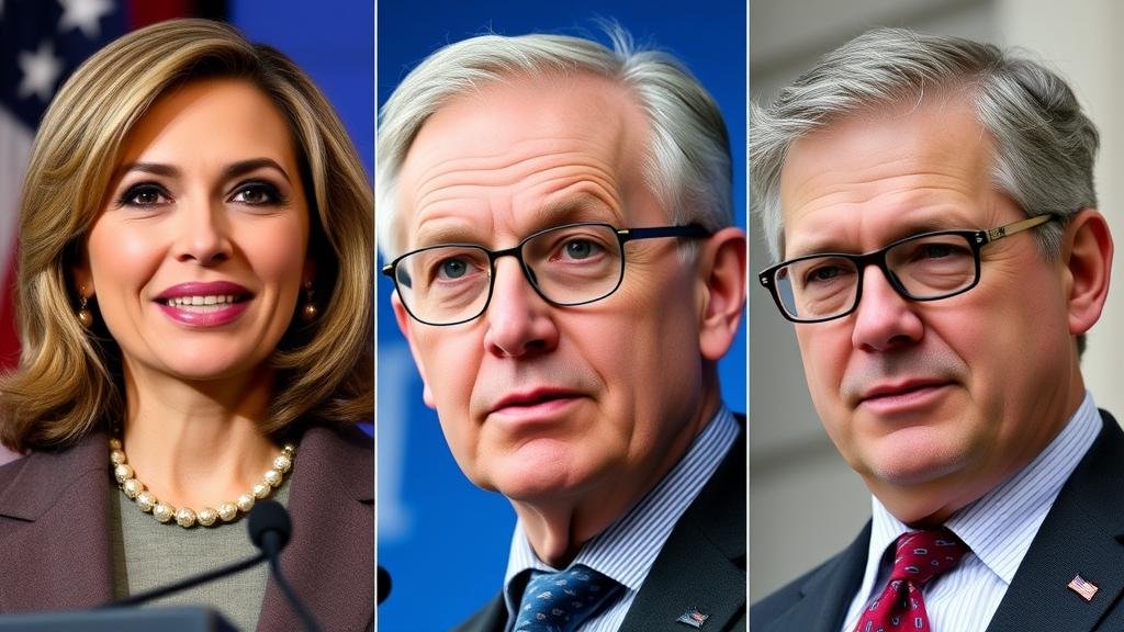 A split image showcasing the diverse backgrounds of the other contenders: a woman representing the 'insider' candidate, a male academic, and a former Wall Street CEO.