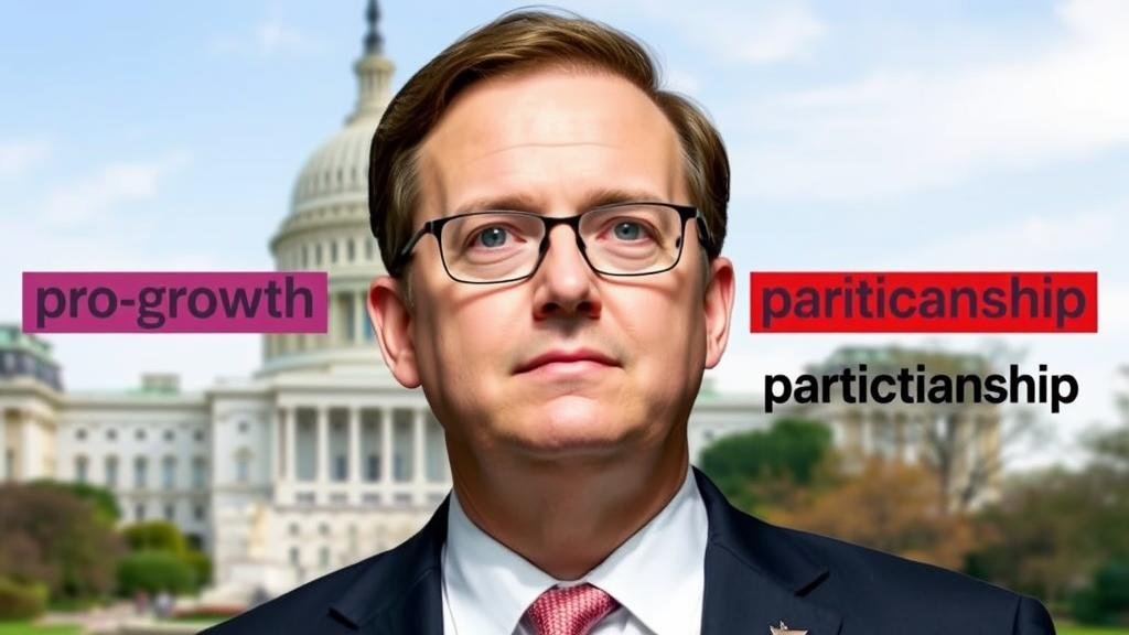 A stylized portrait of Kevin Hassett against a backdrop of the U.S. Capitol building, with 'pro-growth' and 'partisanship' text overlays.