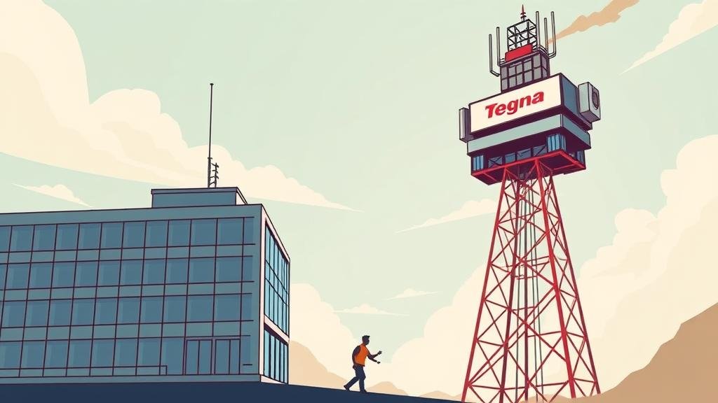 A dramatic 'David vs. Goliath' illustration of a small, modern building (Standard General) facing a large, imposing broadcast tower (Tegna), symbolizing the acquisition battle.