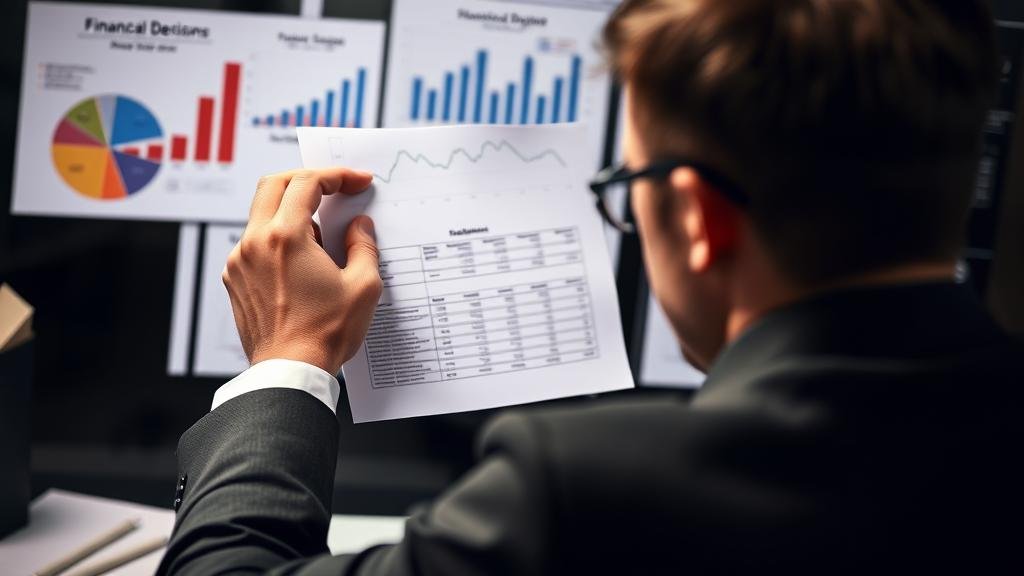 A photo of a person carefully considering a financial decision, with charts and graphs in the background.