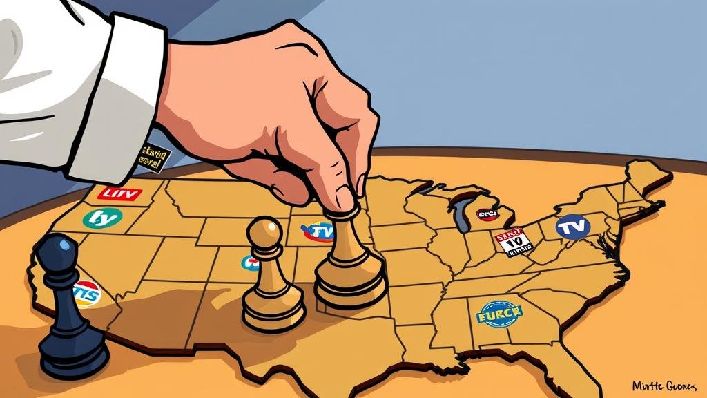 A political cartoon style image where a hand with a 'Standard General' cufflink is placing a chess piece on a board that resembles a map of the United States with TV station logos, symbolizing strategic political maneuvering in media.