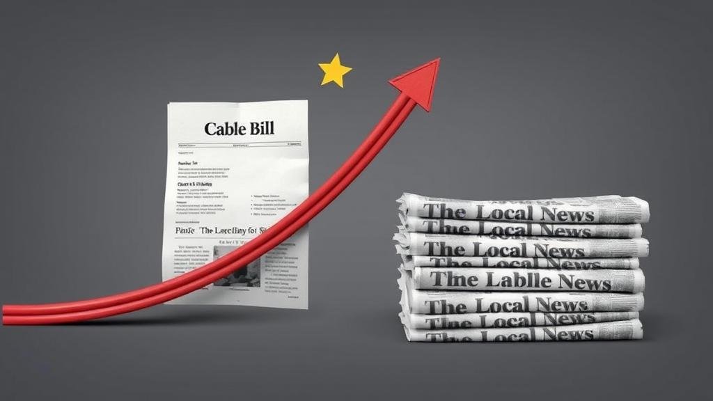 A conceptual image showing a rising cable bill with an upward arrow, alongside a shrinking stack of newspapers labeled 'Local News,' representing the negative impact on consumers.