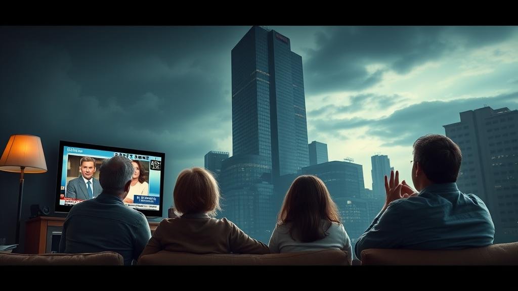 An image of a concerned family watching a news broadcast on their TV, while a daunting shadow of a corporate building looms over their home, representing the impact of media consolidation on everyday life.