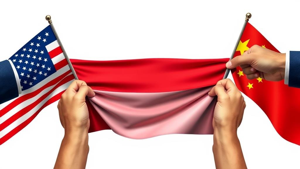 The Indonesian flag being pulled in two different directions by hands waving a US flag and a Chinese flag, symbolizing a geopolitical tug-of-war.