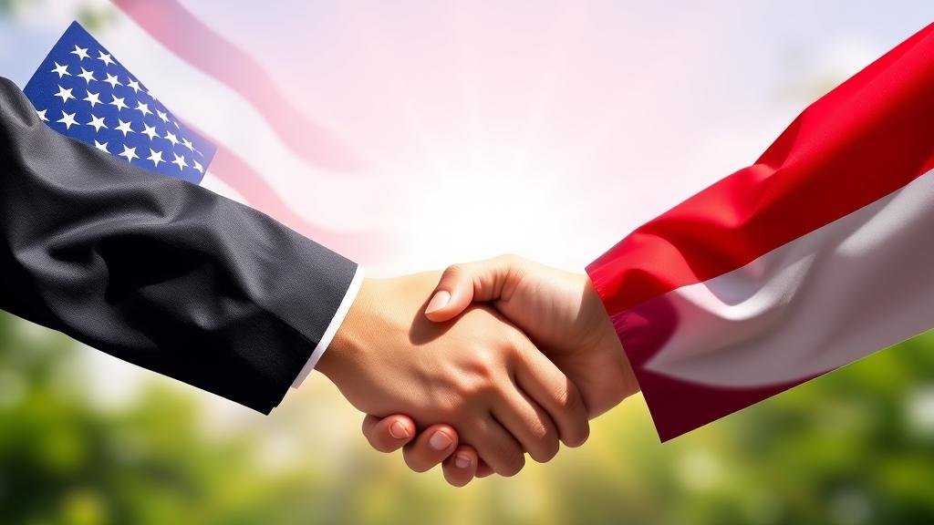 A symbolic image of the US and Indonesian flags shaking hands, representing a new trade agreement, with a bright, optimistic background.