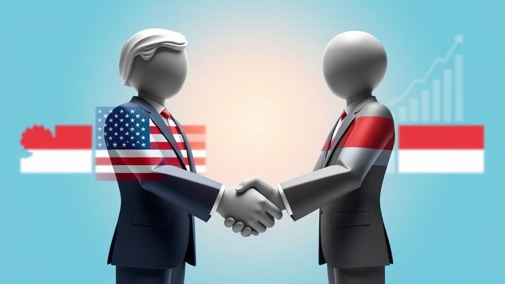 A symbolic image of a handshake between two figures representing the US and Indonesia, with economic growth charts and national flags in the background, conveying a sense of optimism and partnership.