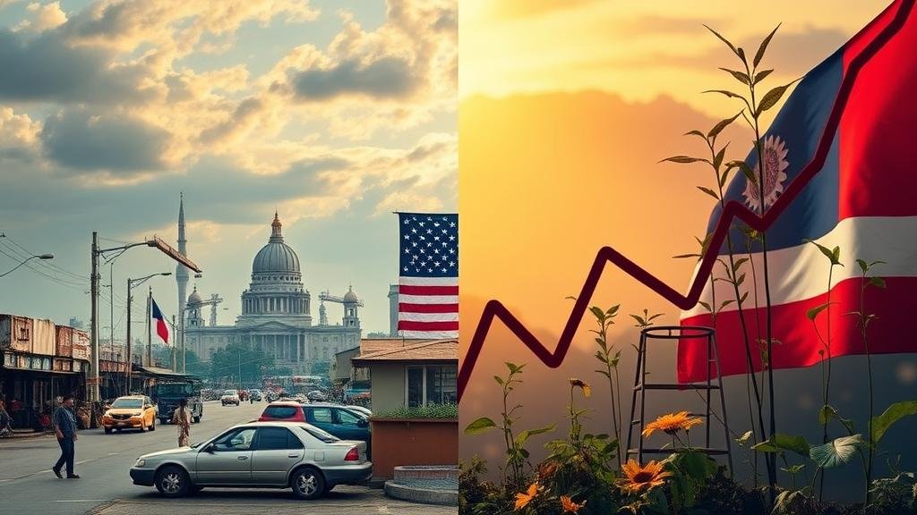 A split image showing the potential divergent futures: on one side, a thriving Indonesian market with US investment and trade; on the other, a scene of economic uncertainty and a collapsed deal.