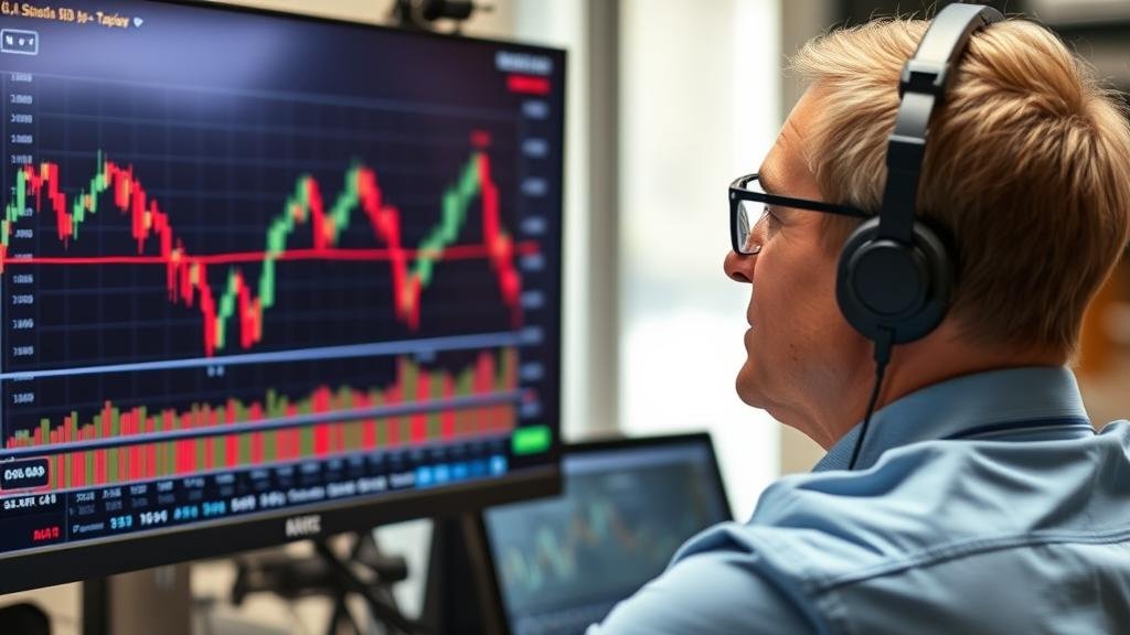 A stockbroker looking at a plummeting stock chart on a computer screen.