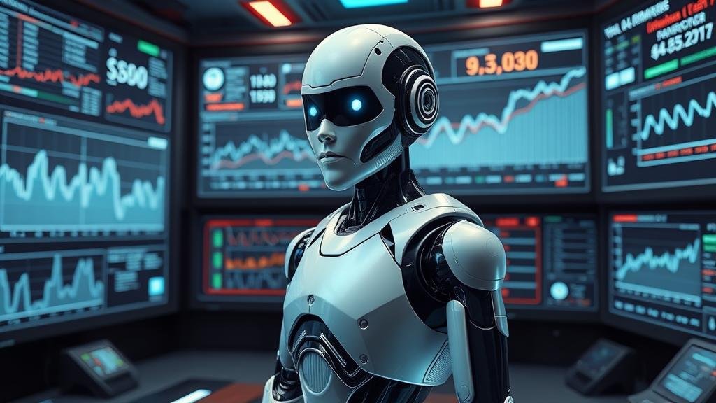 A sleek robot in a high-tech control room analyzes holographic charts and economic data streams, representing a predictable, data-driven approach.