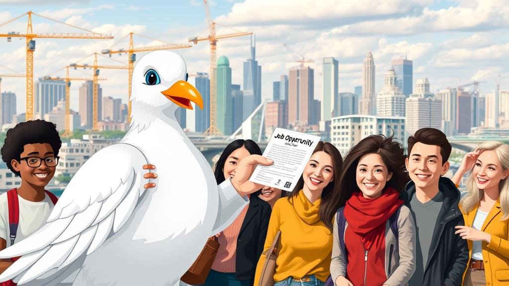 A friendly dove hands out 'Job Opportunity' flyers to happy people in a thriving city, symbolizing economic growth and prosperity.