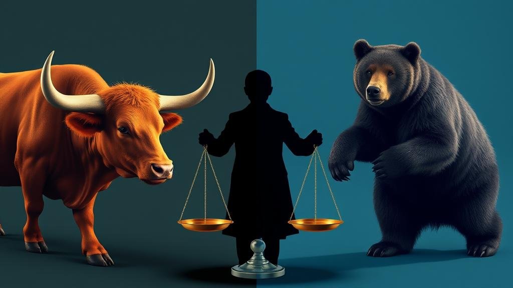 A split image of a bull and a bear, with a shadowy figure of the Federal Reserve Chair holding scales in the middle, representing the high-stakes decision and its impact on the stock market.