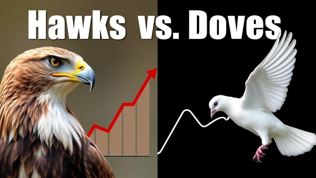An image depicting a literal hawk on one side with a rising interest rate graph, and a dove on the other with a lowering interest rate graph, to symbolize the 'Hawks vs. Doves' economic philosophies.