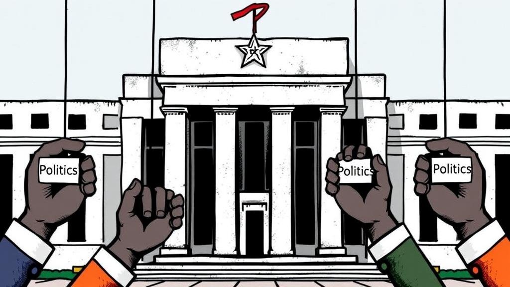 An illustration of the Federal Reserve building with puppet strings attached, leading to hands labeled 'Politics,' to represent the potential for political influence on the supposedly independent institution.