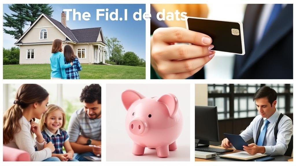 A collage image showing a family looking at a house, a person examining a credit card, a piggy bank being filled, and a person at a job, to illustrate the direct impact of the Fed's decisions on personal finances like mortgages, loans, savings, and employment.