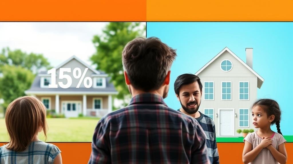 Split-screen image showing a family's happiness depending on high or low interest rates for a house.