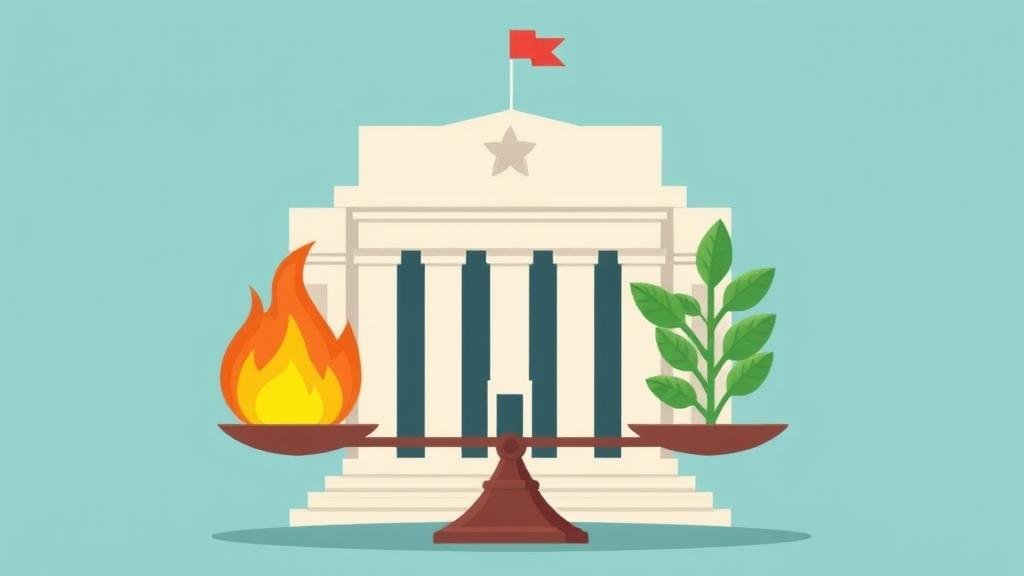 Stylized illustration of the Federal Reserve building as a scale balancing inflation and economic growth.