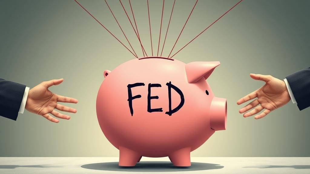 Hands with strings attempting to manipulate a piggy bank labeled 'FED', symbolizing political influence.