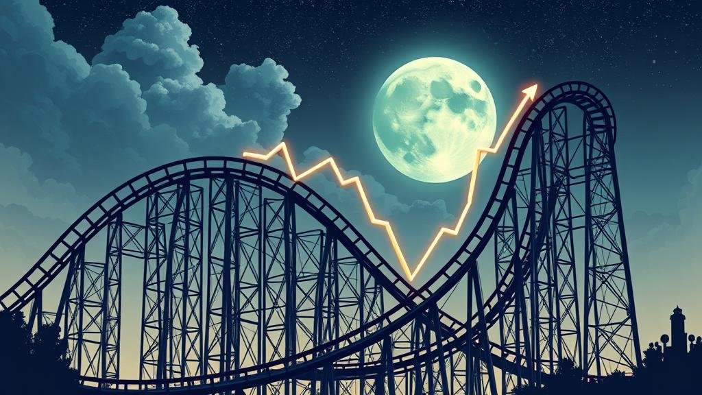 An illustration of a roller coaster representing the volatility of the digital asset market.