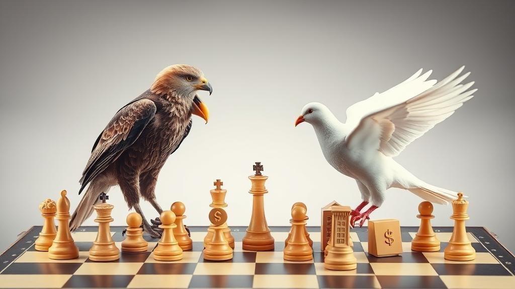 A hawk and a dove facing each other over a chessboard, representing strategic economic conflict.