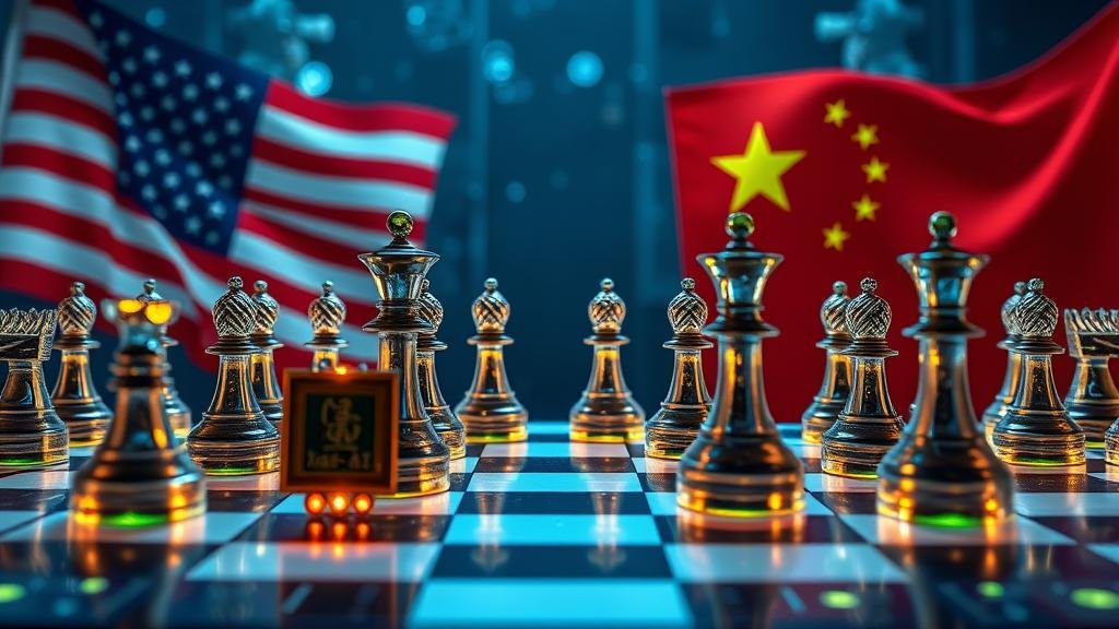 A conceptual image of a chessboard with glowing silicon chips as pieces, with the US and Chinese flags prominently in the background, symbolizing a high-tech cold war and the strategic conflict over technological supremacy.
