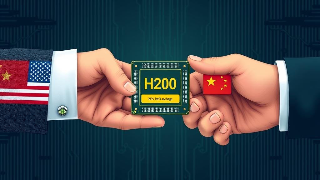 An advanced AI chip, labeled H200, being exchanged between two hands, one with an American flag cufflink and the other with a Chinese flag cufflink. The chip has a 25% tariff surcharge symbol attached, illustrating the complex and costly nature of the deal.