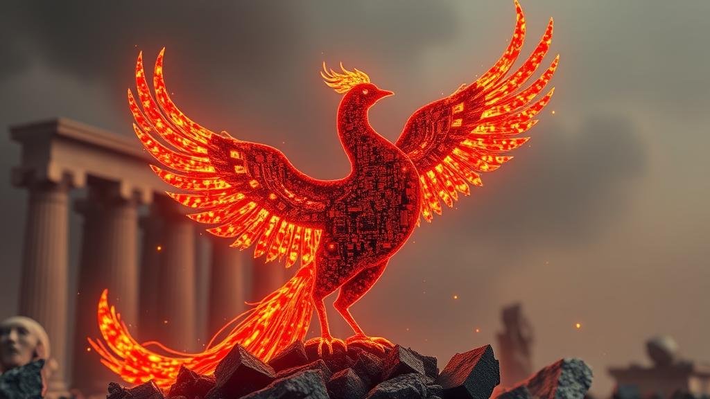 A phoenix made of circuitry rising from ashes, symbolizing China's tech industry rebirth due to US sanctions.