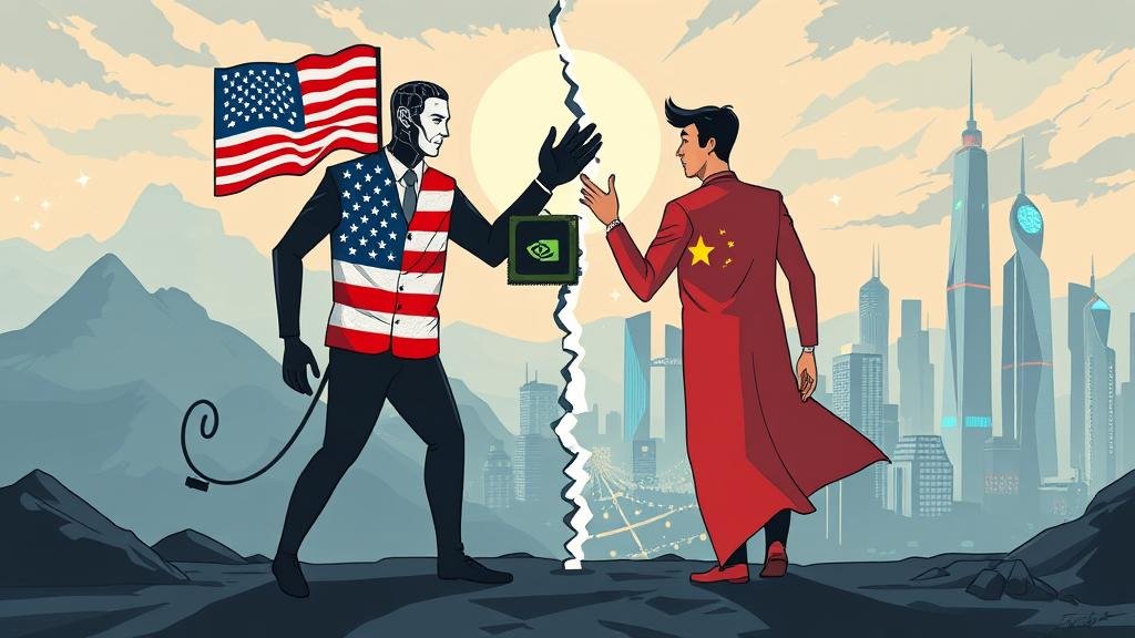 A stylized illustration of a dramatic breakup between the US and China over AI chips.