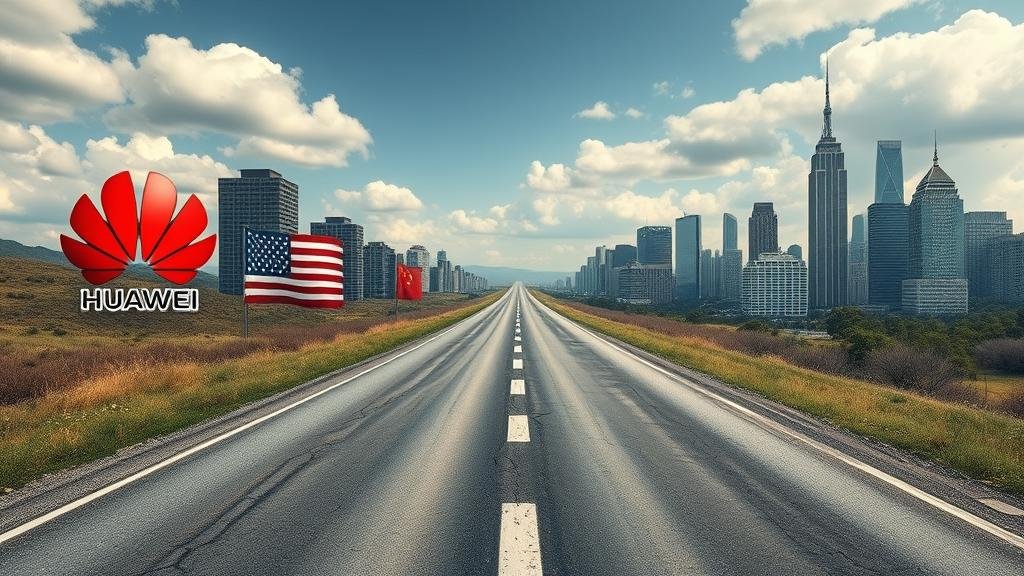 A forked road showing a path to American tech logos and another to Chinese tech logos, representing a bifurcated tech world.