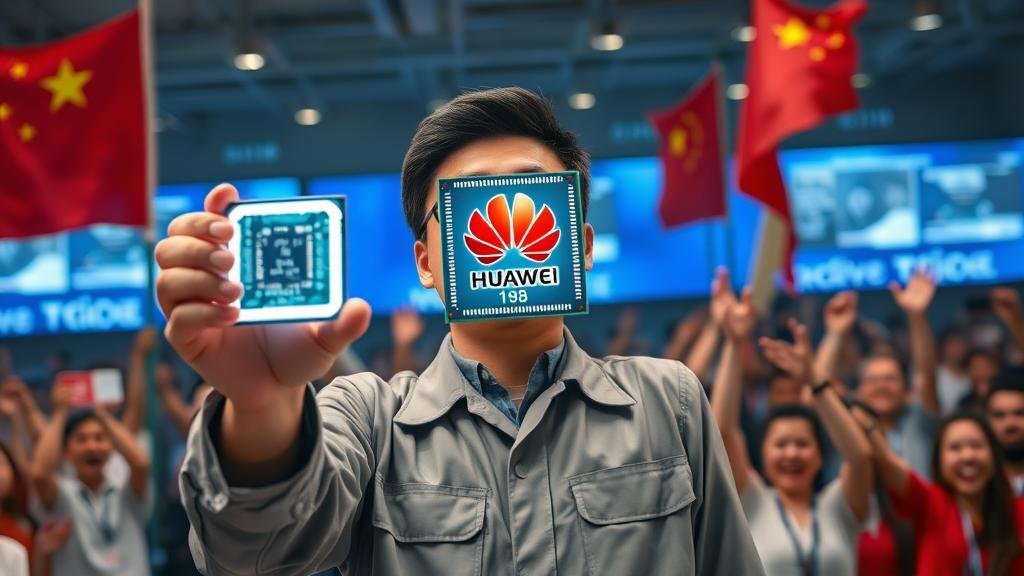A Chinese engineer holding a glowing Huawei Ascend 910B AI chip, symbolizing the national tech effort.
