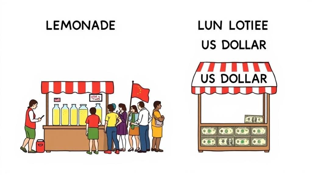 A dark storm cloud shaped like a yuan symbol hovers over a world map, symbolizing escalating trade tensions between the US and China.