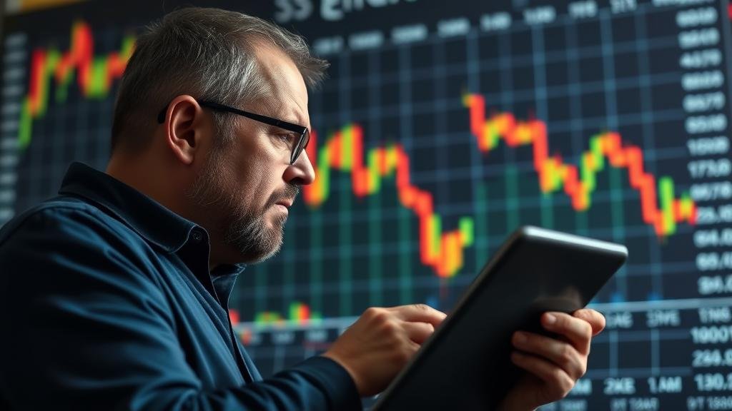 An anxious investor watches a stock market chart plummet on a tablet, showing the negative financial reaction to a trade war.